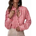 thumbnail image 3 of Women'S Plaid Ruffle V Neck Button Down Blouse Casual Long Sleeve Gingham Work Checkered Shirt Tops Red L, 3 of 8