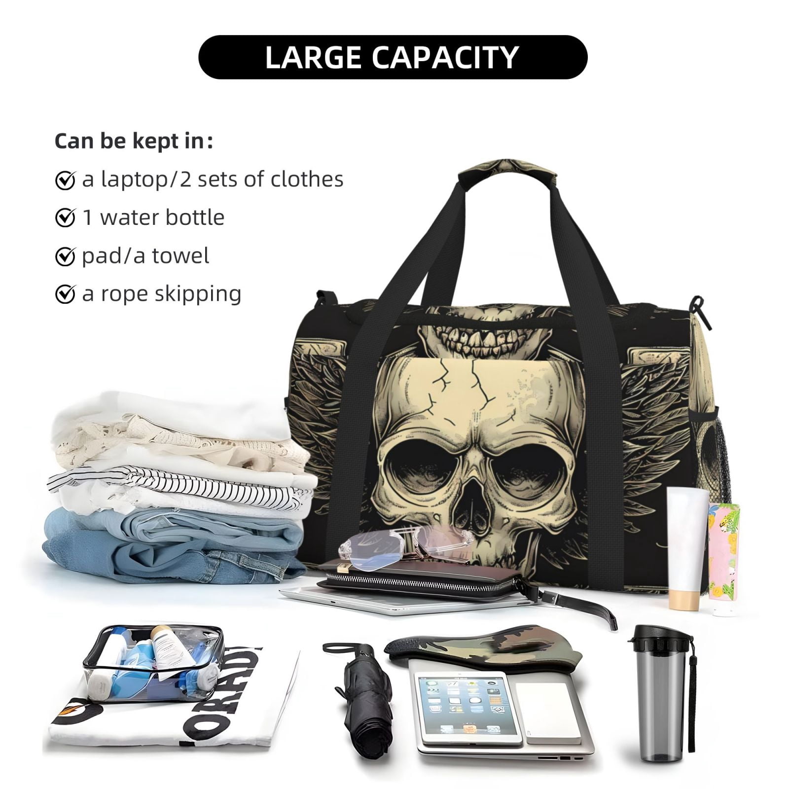 Fuzoiu Gothic Winged Skull Print Travel Duffle Bag,Carry On Tote Bags,Duffel Bag,Sport Gym Bag, Hospital Bag for Labor and Delivery, Overnight Bag,Luggage Bag