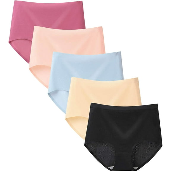 Bekayaa High Waist Women's Underwear, Ice Silk Seamless Briefs, Breathable, Soft Full-Edge, 5-Pack (Regular & Large Sizes)