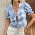 thumbnail image 2 of JGGSPWM Women's Gingham Crop Top Puff Sleeve V-Neck Tie Front Blouse Plaid Summer Shirt with Elastic Cuffs Blue XL, 2 of 9