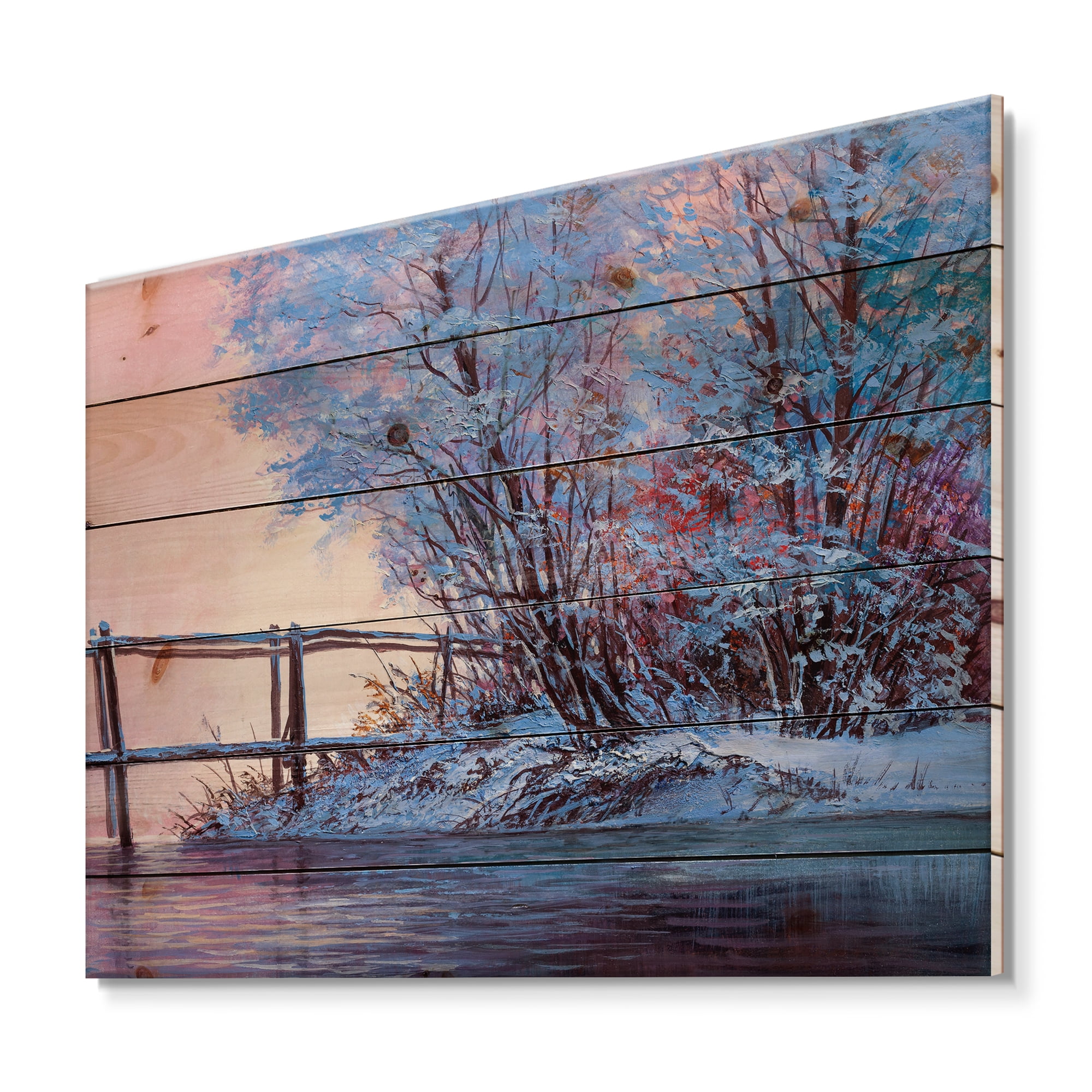 Designart 'Bridge Of Meandering River With Winter Scenery I' Lake House Print on Natural Pine Wood