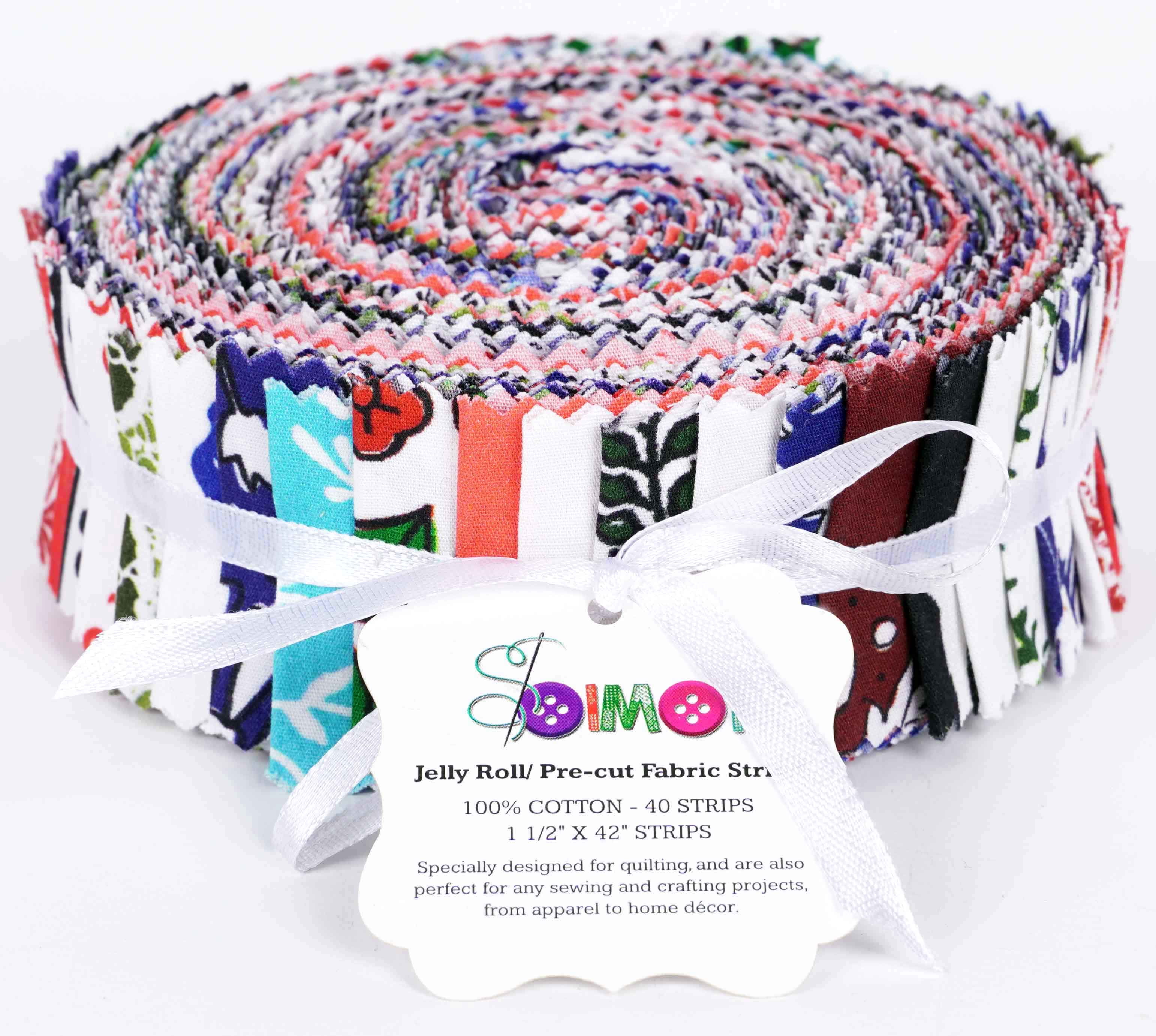 Soimoi 40Pcs Block Print Precut Fabrics Strips Roll Up 1.5x42inches Cotton Jelly Rolls For Quilting - Multicolor