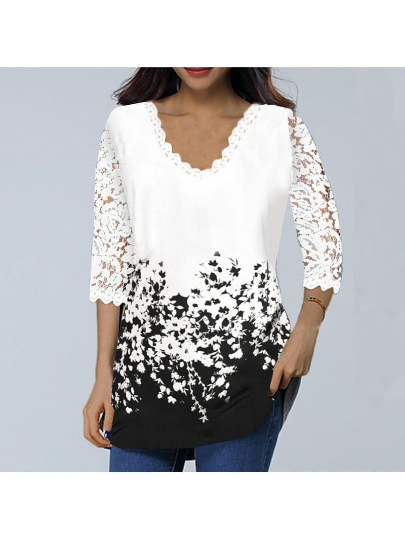 Women's Plus 3/4 Sleeve V Neck Shirt Floral Blouse Lace Tops - Walmart.com