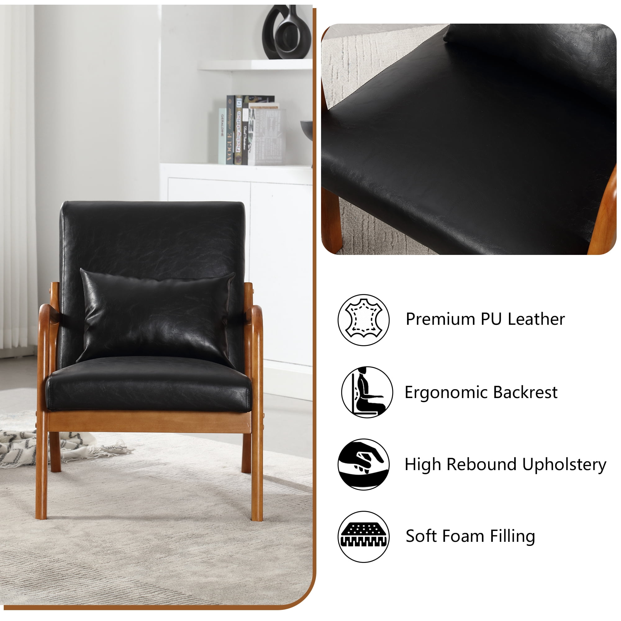 Miniyam Modern PU Leather Accent Chair, Solid Wood Lounge Reading Armchair With One Pillow for Living Room, Bedroom, Guest Room, Black