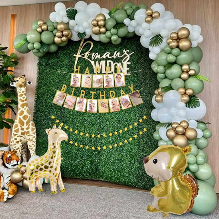Geekeo Safari Balloon Arch Kit, Safari Jungle Theme Party Decorations, Jungle Balloon Arch Kit with Giraffe,Squirrel Foil Balloon, Sage Green Gold