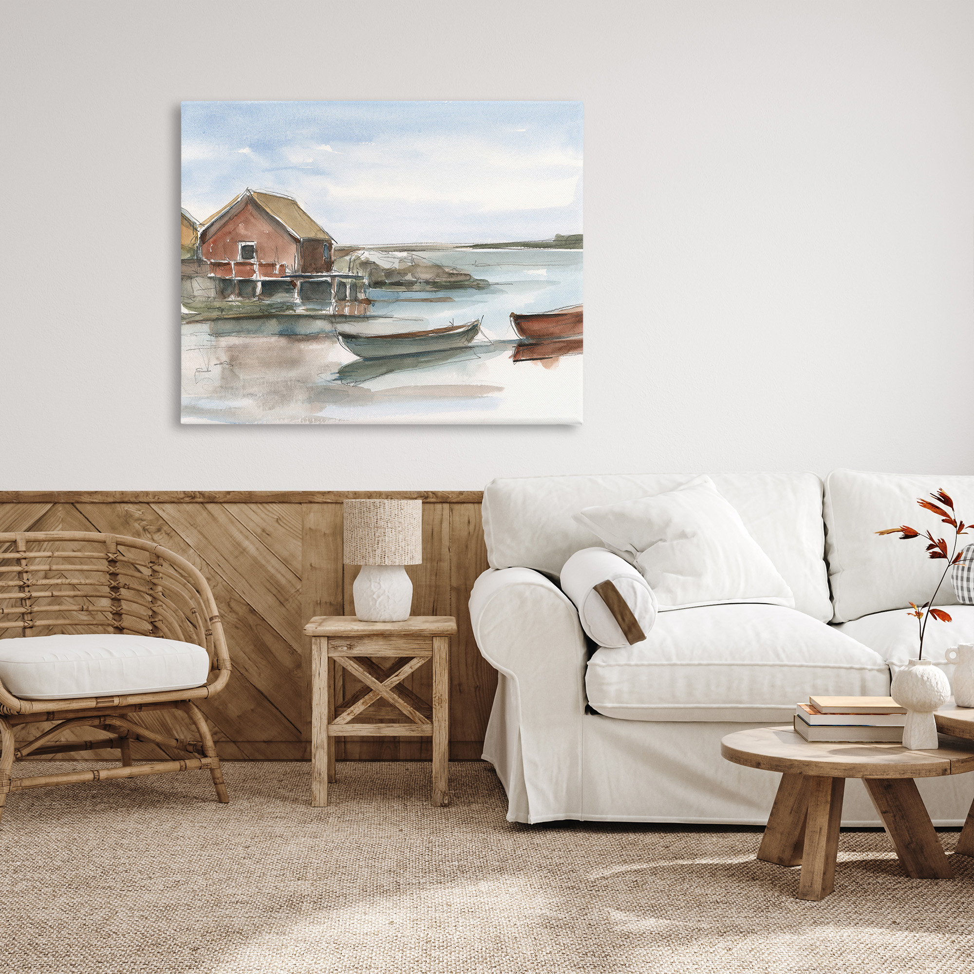 Stupell Industries Rowboats on Shore Landscape Painting Gallery Wrapped Canvas Art Print Wall Art, 48 x 36