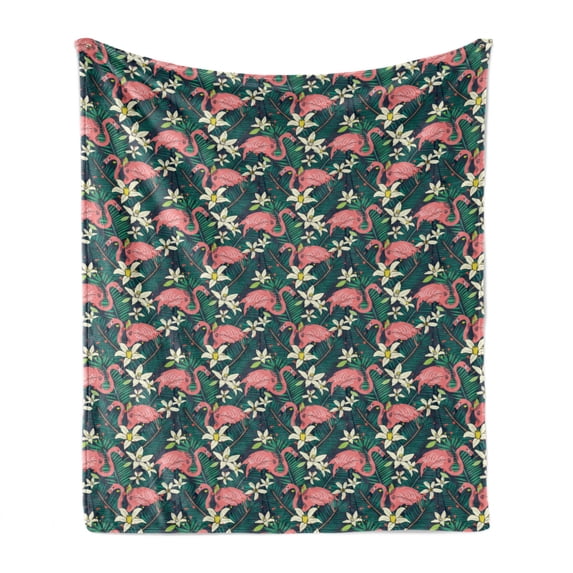 Flamingo Soft Flannel Fleece Blanket, Hawaiian Exotic Nature and Wildlife Theme with Birds Flowers and Leaves Rainforest, Cozy Plush for Indoor and Outdoor Use, 70" x 90", Multicolor, by Ambesonne