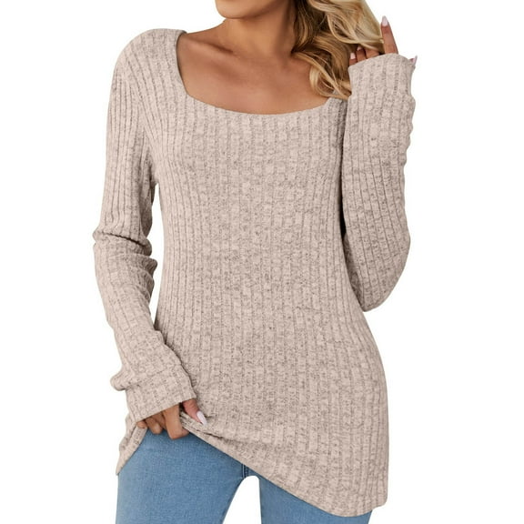 XFLWAM Women's Solid Color Tunic Sweaters Lightweight Fall Casual Long Sleeve Square Neck Pullover Tops Beige XXL