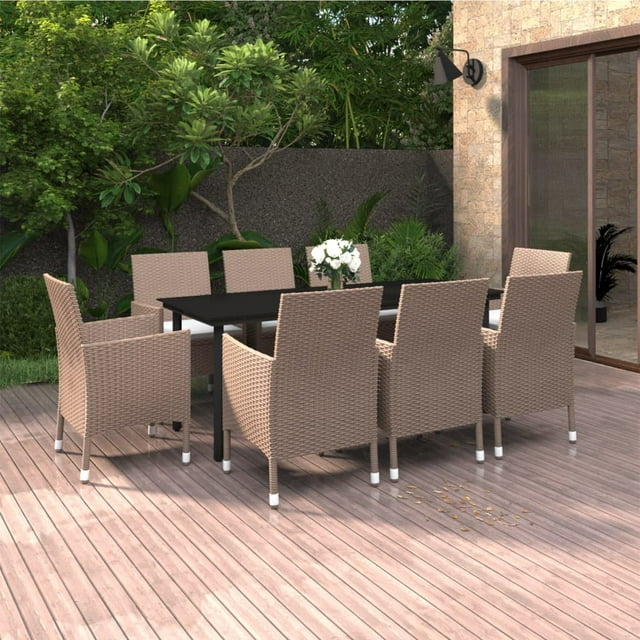 vidaXL 9 Piece Garden Dining Set with Cushions Poly Rattan and Glass