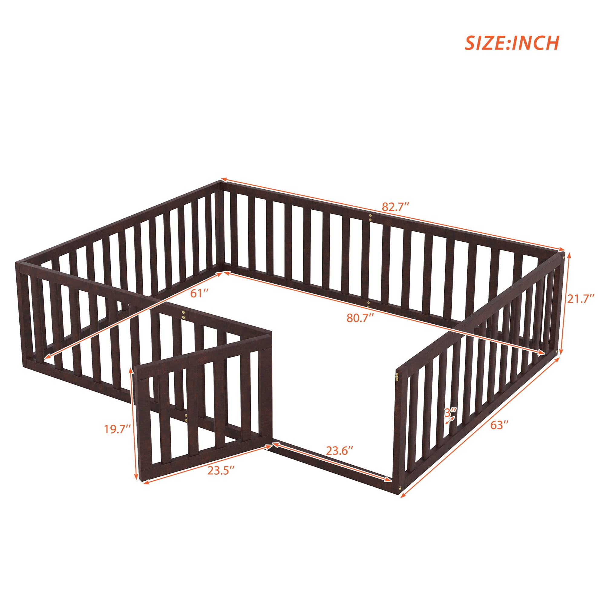 Kumix Queen Floor Bed with Fence and Door, Wood Floor Bed Frame for 1-3 Aged, Noise-Free Low Floor Bed for Bedroom, Dorm, No Weight Capacity Limit, Easy Assembly, Walnut