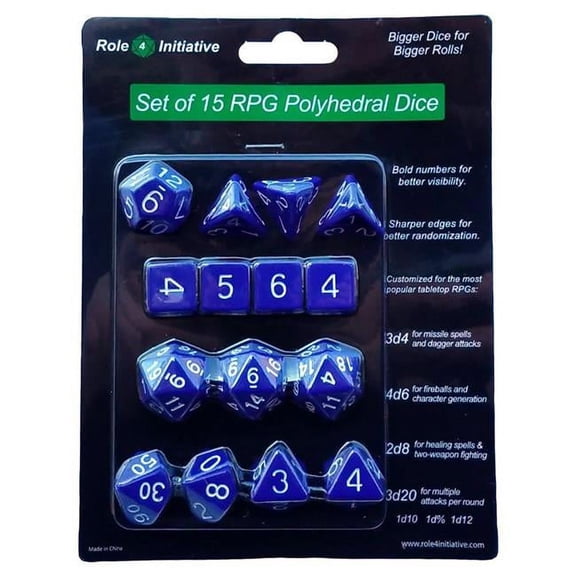 Set of 15 Large High-Visibility Polyhedral Dice: Opaque Dark Blue with White Numbers (3d4 4d6 2d8 1d10 1d% 1d12 3d20)