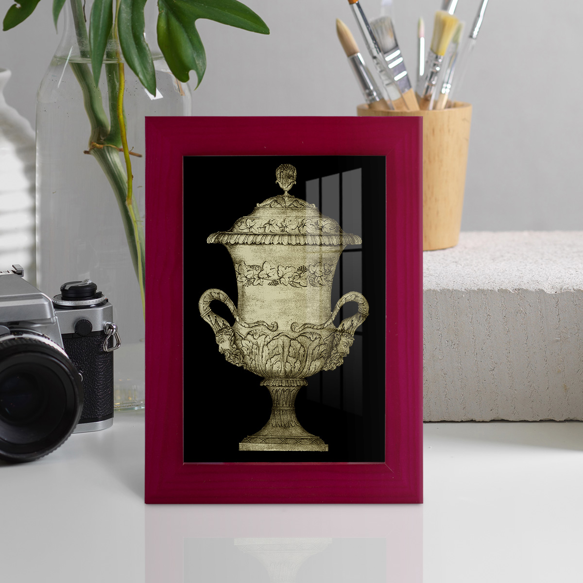 Garden Antiquities IV -Framed Print w/glass-Cherry Red