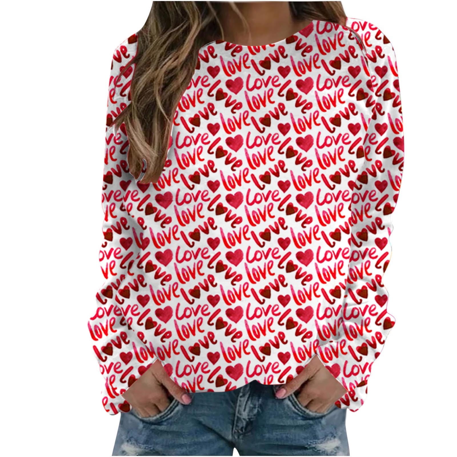 JWZUY Women Crew Neck 3/4 Sleeve Blouse Heart Print Shirts Classic  Comfortable Pullover Casual Tops Sky Blue XL