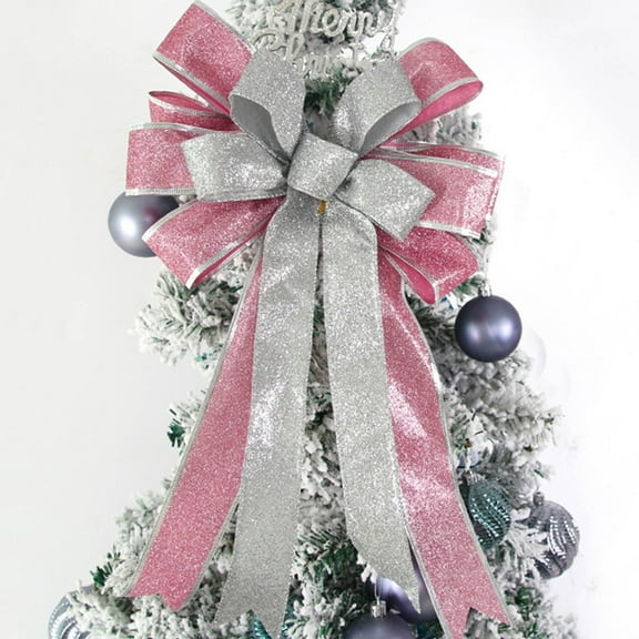 DAMAI Large Lighted Silver Bows for Christmas Tree Topper, 16 x 9 Inch Christmas Bows Glitter Christmas Tree Topper Bows Wreath Bow for Fall Halloween Thanksgiving Christmas Decorations