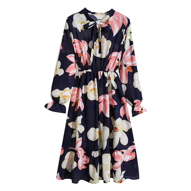 GDREDA Robe de Base pour Femme Ajustée à Manches Longues avec Nœud, Taille Élastique, Robe Mi-Longue, Robe Confortable