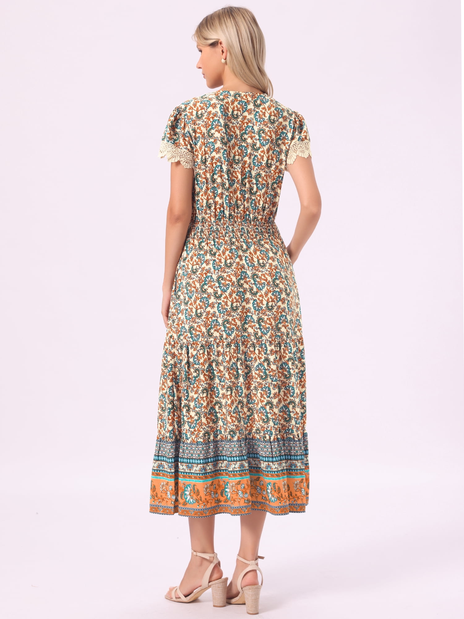 DARING DIVA Women's A-Line Floral Tiered Flowy Cap Sleeve Maxi Boho Dresses S Apricot