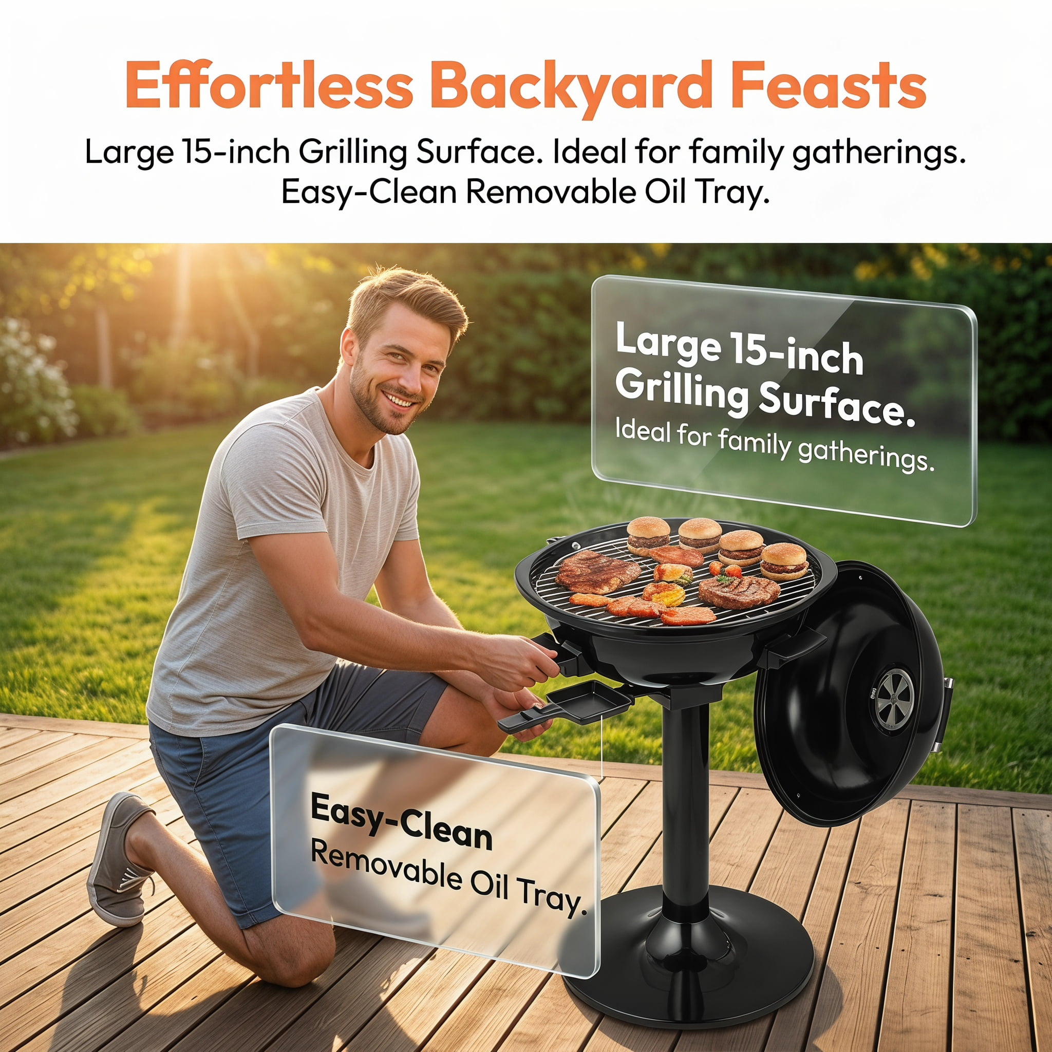 Kadyn Camping Grill with Adjustable Temperature, 1600W Electric BBQ Grill with Removable Non-Stick Warming Rack-Black