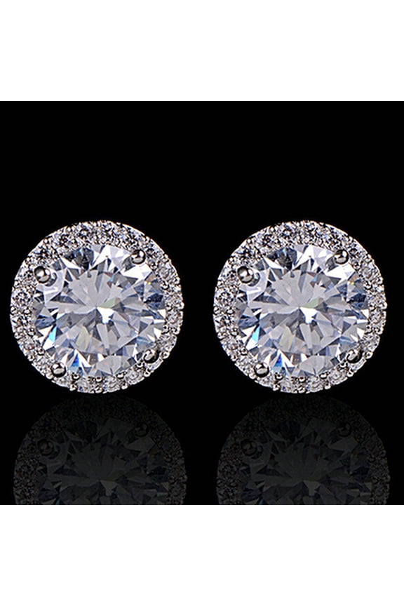 Women's Round Zircon Inlaid Earrings Silver Tone Ear Stud