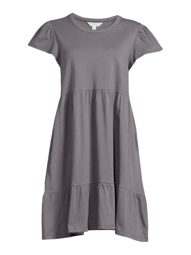 Time and Tru Women's Short Sleeve Tiered Knit Dress with Pockets