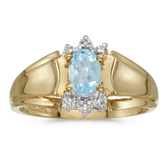 10k Yellow Gold Oval Aquamarine And Diamond Ring
