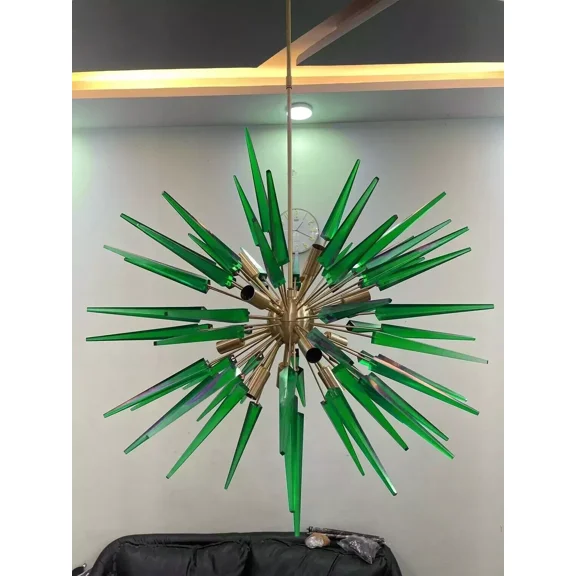 M H OVERSEAS 1950s Mid Century Brass Murano Glass Green Cube Sputnik Chandelier Lighting for Living Room
