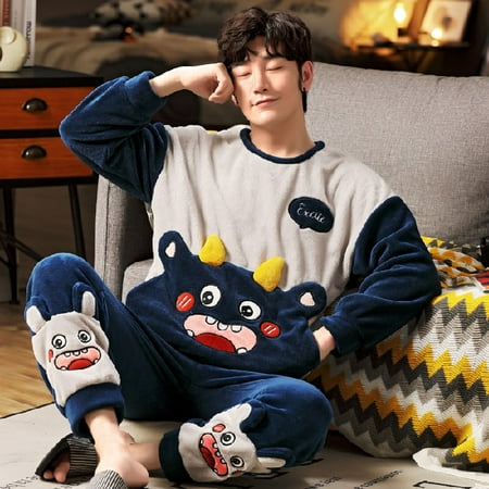 

PIKADINGNIS Long Sleeve Warm Flannel Pajamas Winter Men Pajama Sets Print Thicken Sleepwear Pyjamas 4XL 5XL 95kg Nightwear Set