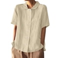 thumbnail image 4 of Womens Tops Dressy Casual Ladies' Cotton And Linen Shirt 2025 Solid Color Loose Double Breasted Lapel Casual Short Sleeved Blouse, 4 of 4