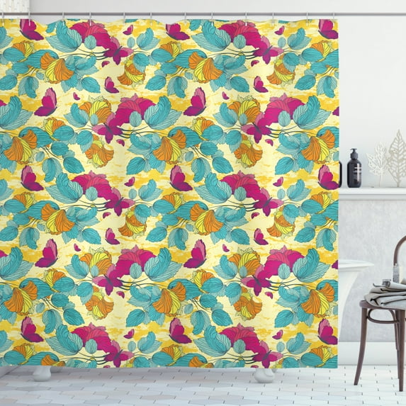 Colorful Shower Curtain, Summer Season Abstract Leaf and Butterflies with Flowering Branches Lively Nature, Fabric Bathroom Set with Hooks, 69W X 84L Inches Extra Long, Multicolor, by Ambesonne