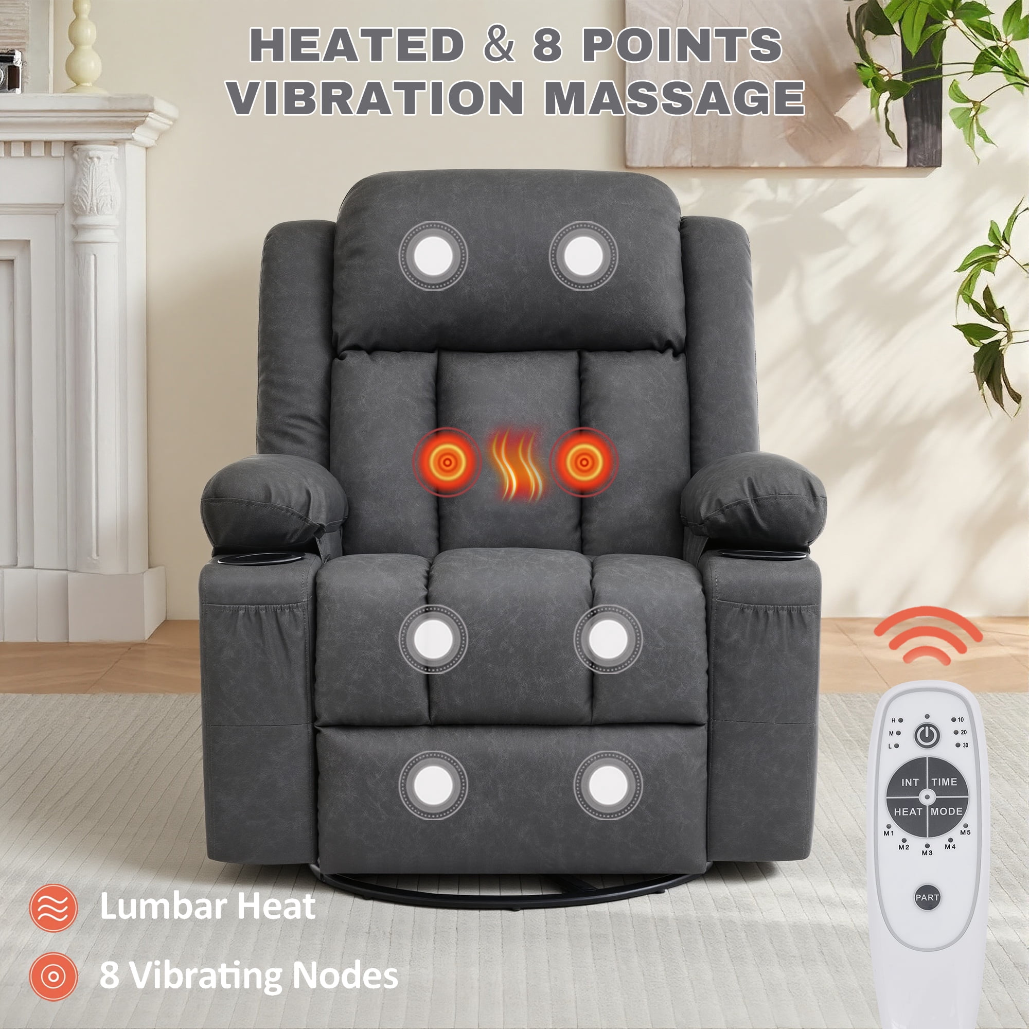GAOHAPY Rocker Recliner Chair with Heat and Massage,360°Swivel Recliner Chair for Adults Elderly,Oversized Recliner Single Sofa Seat with 2 Cup Holders and Side Pocket(Grey)