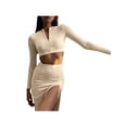thumbnail image 4 of hirigin 2 Pieces Women Outfit, Solid Color V Neck Long Sleeve Crop Tops + Slit Hem Midi Skirt Set for Ladies, Yellow/Apricot/Black, 4 of 6