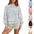 thumbnail image 3 of VOUZZA Womens Mock Neck Sweatshirt Striped 2 Piece Matching Set Long Sleeve Drop Shoulder Top And Shorts Ribbed Trim Relaxed Lounge Outfit, 3 of 6