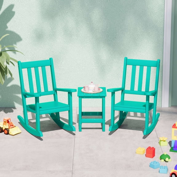 WestinTrends Malibu 3-Piece Kids Outdoor Rocking Chairs Set With Kids Square Side Table, Turquoise