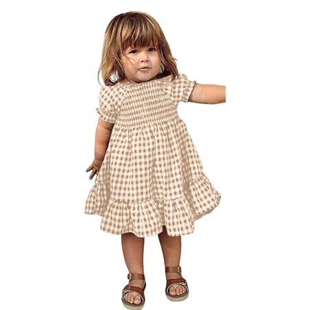 

HTGFGMGW Flower Girl Dresses Toddler Girls Short Sleeve Plaid Prints Ruffles Princess Dress Clothes Dresses for Girls Beige