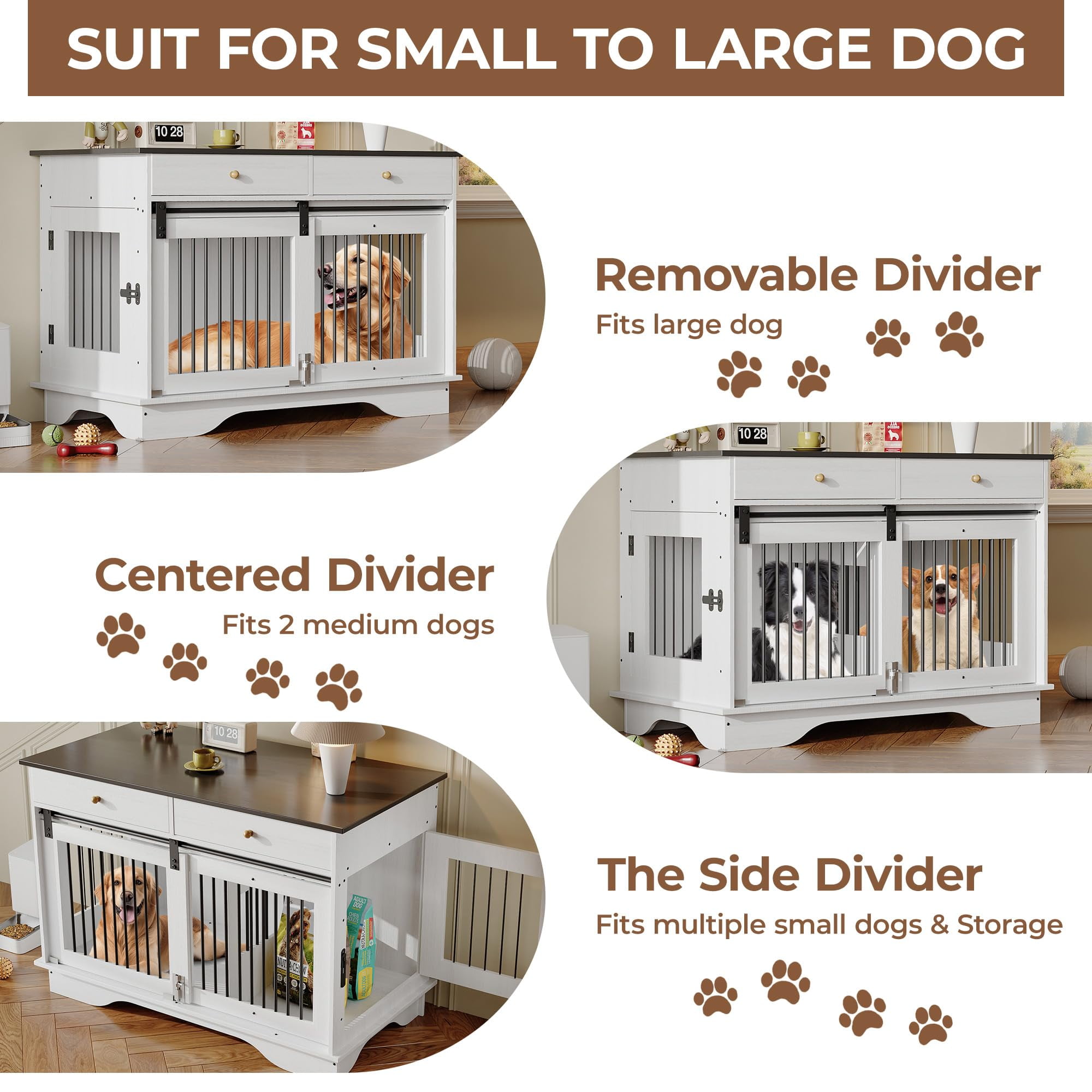 Litake Dog Furniture Crate, 47" Large Dog Crate Furniture w/ 2 Storage Draws & Removable Divider for Large/Medium/Small Dogs, White