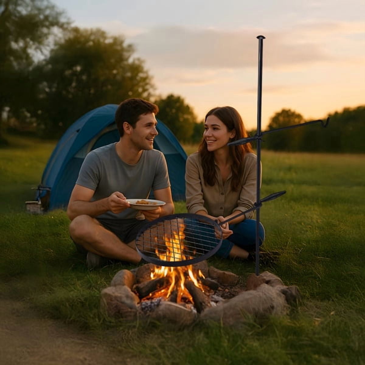Swivel Campfire Grill, Open Fire Cooking Equipment for Camping with Height Adjustable Grill Grate and Hanger Rod and Carry Bag