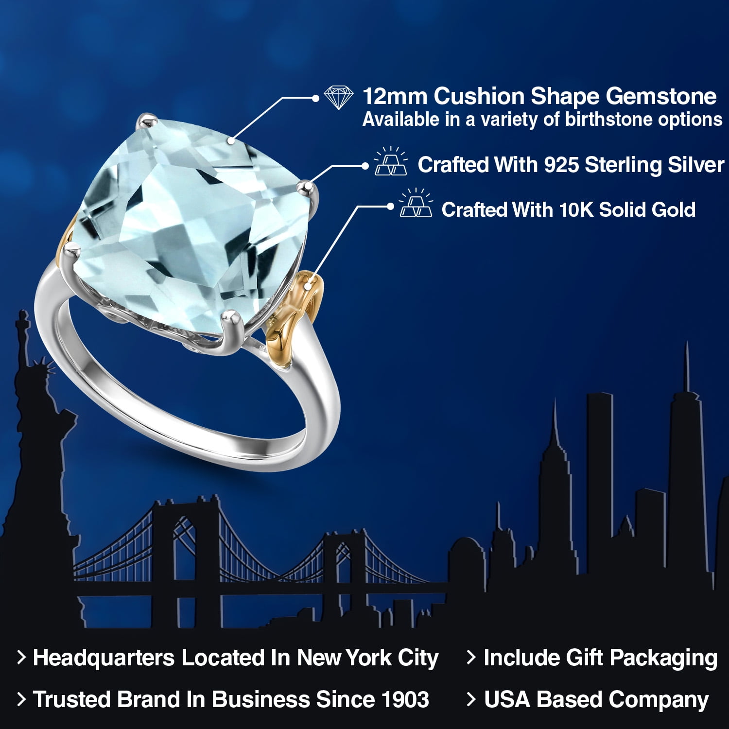 Gem Stone King 925 Silver and 10K Yellow Gold Sky Blue Simulated Aquamarine Solitaire Engagement Ring for Women | 6.00 Cttw | Cushion 12MM | Gemstone March Birthstone | Size 5