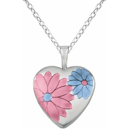 Sterling Silver Heart-Shaped with Colored Flowers Locket