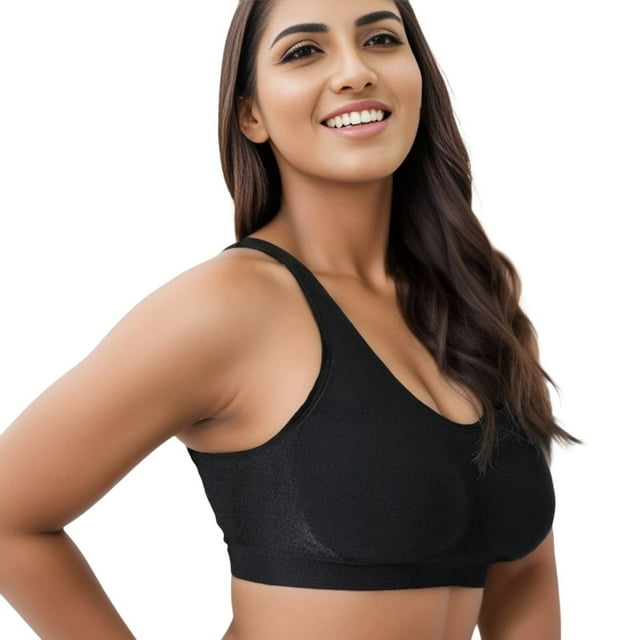 AWZXDE Women Comfort Back Support Plus Size Shiny Sleeveless Tank Top Wireless High Support Bra For Shaping Black