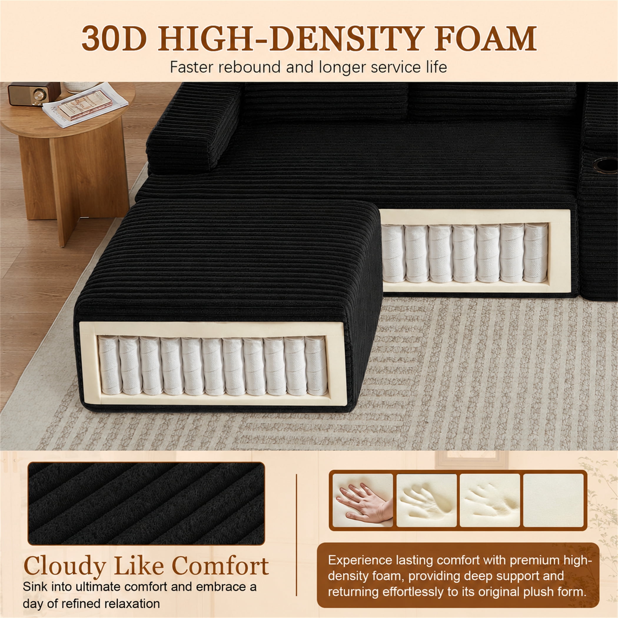 Aukfa 140" U-Shaped Cloud Sectional Sofa Oversized Boneless Couch with Cup Holder Storage Console Modular Couch for Living Room, Corduroy, Black
