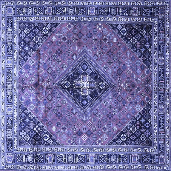 Ahgly Company Machine Washable Indoor Square Medallion Blue Traditional Area Rugs, 8' Square