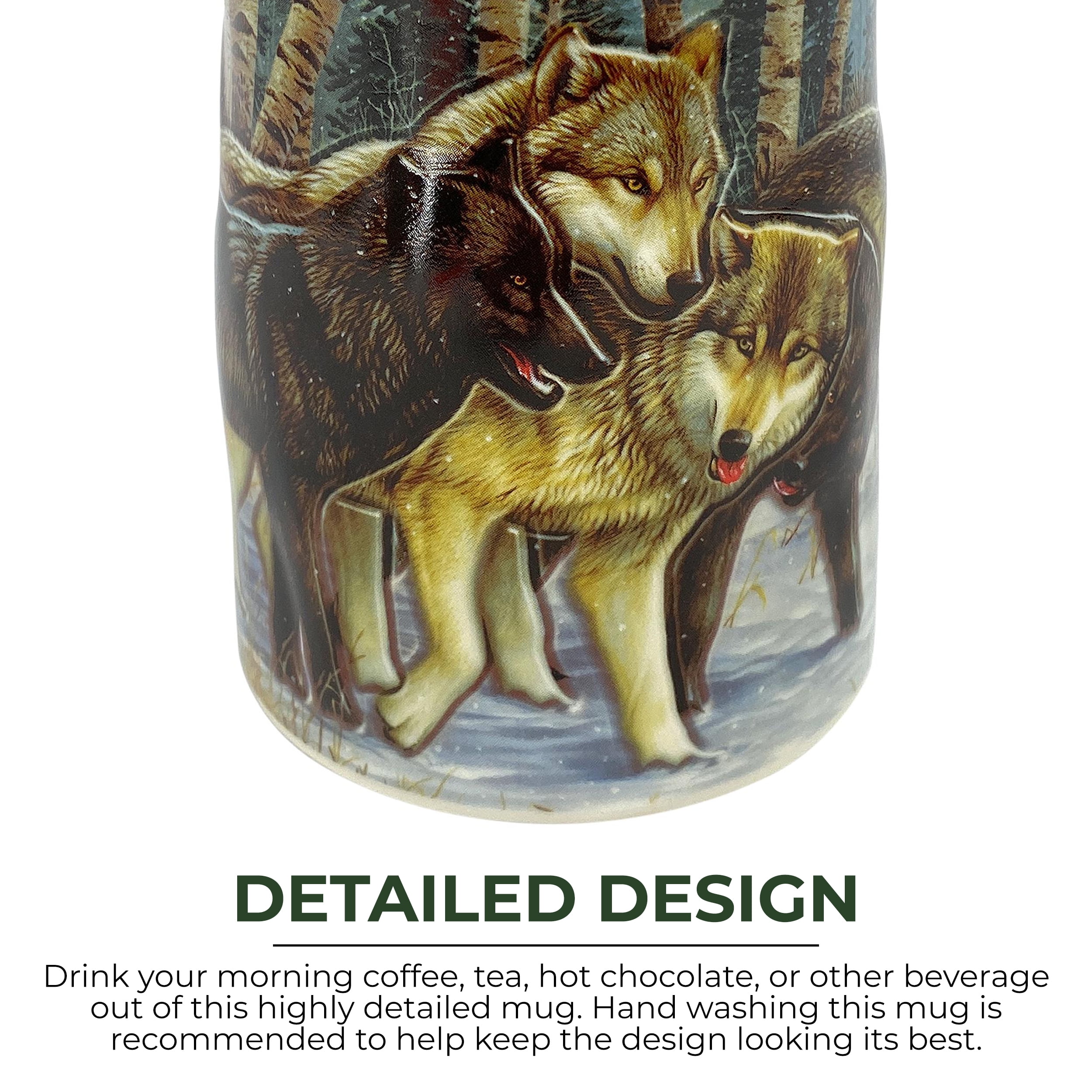 Rivers Edge Products Wolf 3D Ceramic Coffee Mug with Handle, 15 Ounces, Espresso Cups and Coffee Cups Ceramic, Perfect for Coffee, Expresso, Latte, or Tea, Wolf Scene