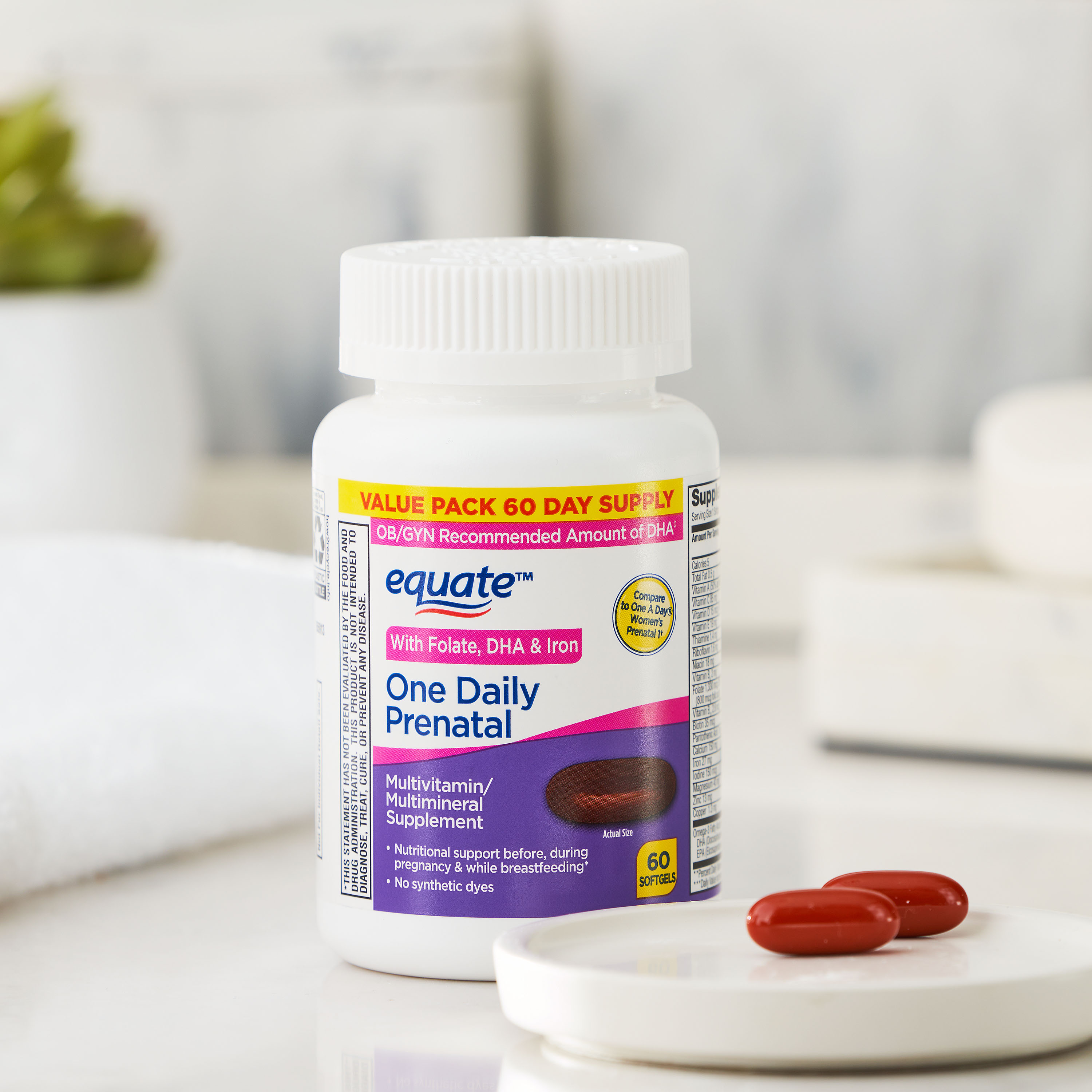 Equate Multivitamínico Prenatal Diario de Un Solo Día, Suplemento Multivitamínico/Multimineral, Paquete Económico, 60 Unidades, Comparar con One A Day® Women's Prenatal 1 4