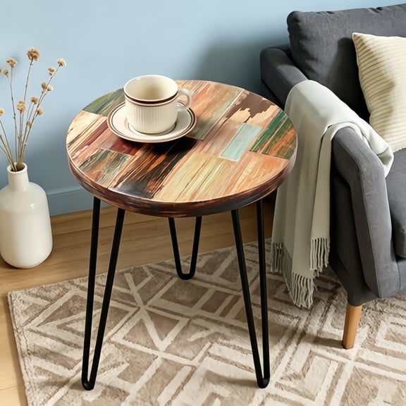 Reclaimed Wood Multi Color Side Table, 17.5" x 17.5" x 20" H, Wooden Accent Coffee Table Round Vintage Rustic Plant Stand Outdoor Patio End Table for Living Room, Bedroom