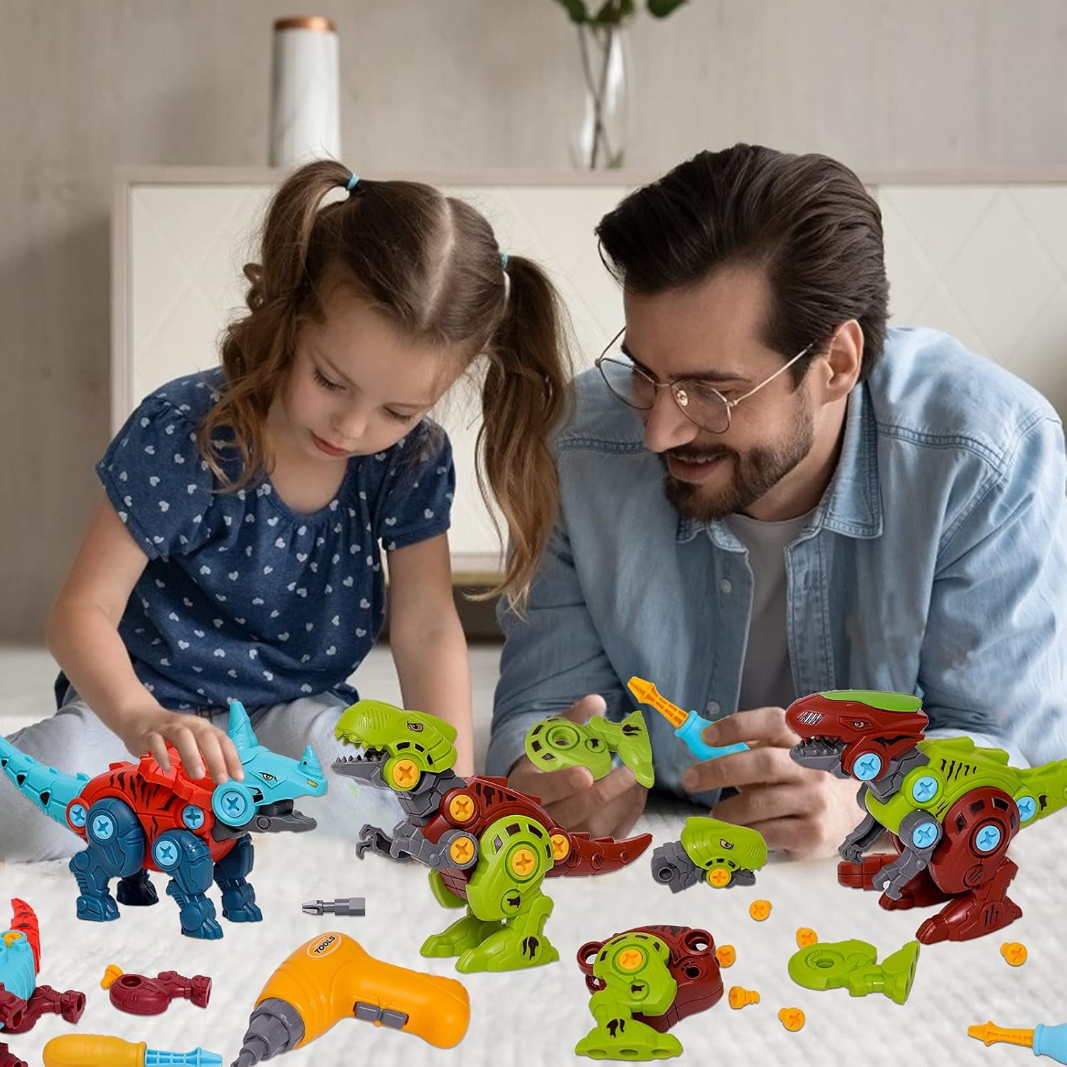 LINXUXIE 4 Pack Take Apart Dinosaur Toys, Educational Building Construction Toys with Drill,  Engineering Birthday Gifts for 1-3 3-5 5-8 Year Old