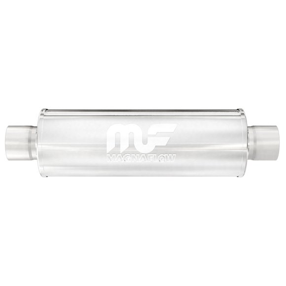 MagnaFlow Silencieux d'Échappement de Performance Rond 4 Po Centre/centre 10416 - Droit, Entrée/sortie 2,5 Po, Longueur du Corps 14 Po, Longueur Totale 20 Po, Fini Satin - Son d'Échappement Profond Classique