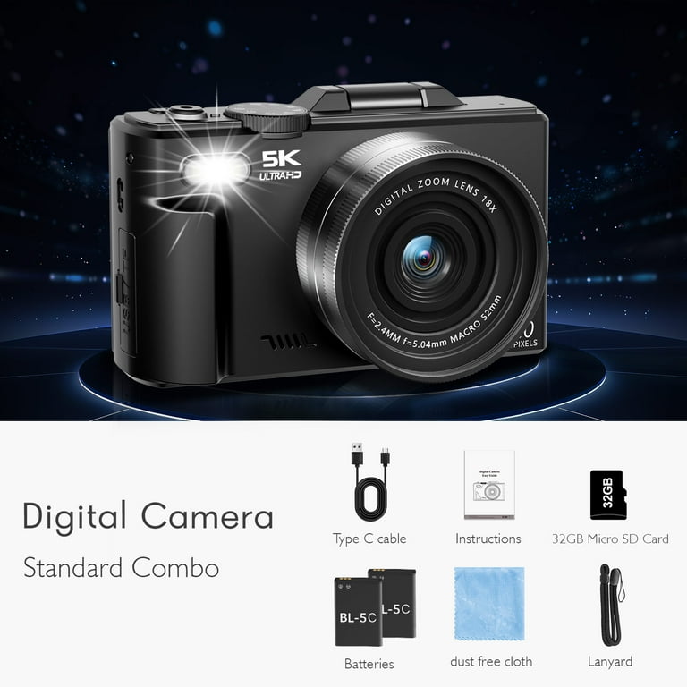 XLURC 5K Digital Camera for Photography with Wifi, 75MP Vlogging