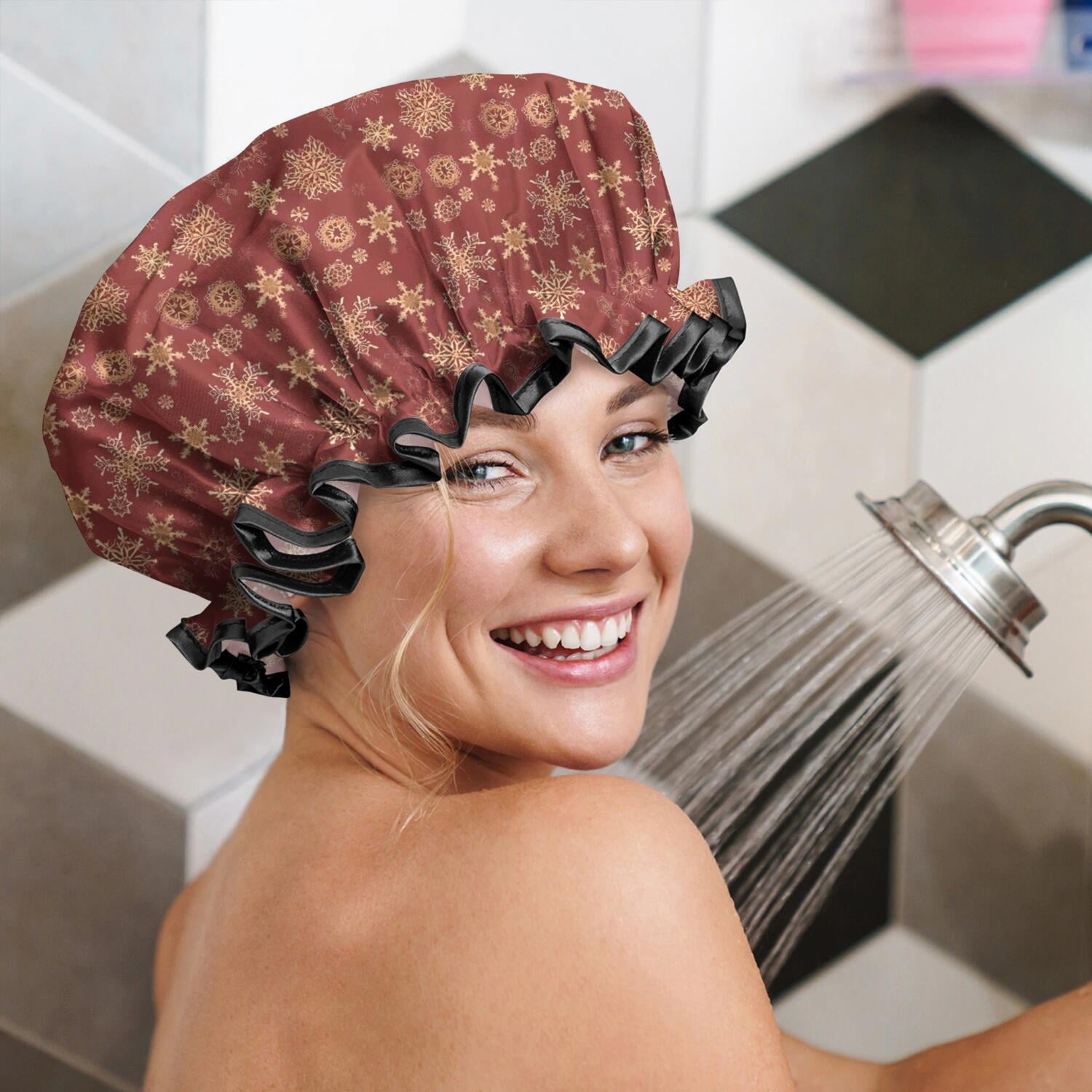 Shower Caps,Red Christmas Snowflake Pattern Waterproof Shower Cap for Women 4 Pieces,Double Reusable Hair Cover for Shower PEVA Elastic Stretch Hem