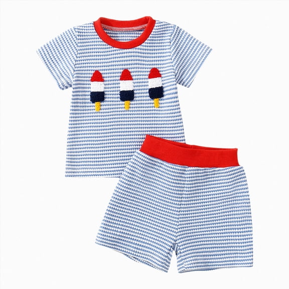 NOLDARES 4th July Baby Toddler Boy Outfit Short Sleeve T-Shirt and Casual Shorts with Pockets 2-Piece Summer Set Patriotic Stars Stripes(Blue,18-24 M)