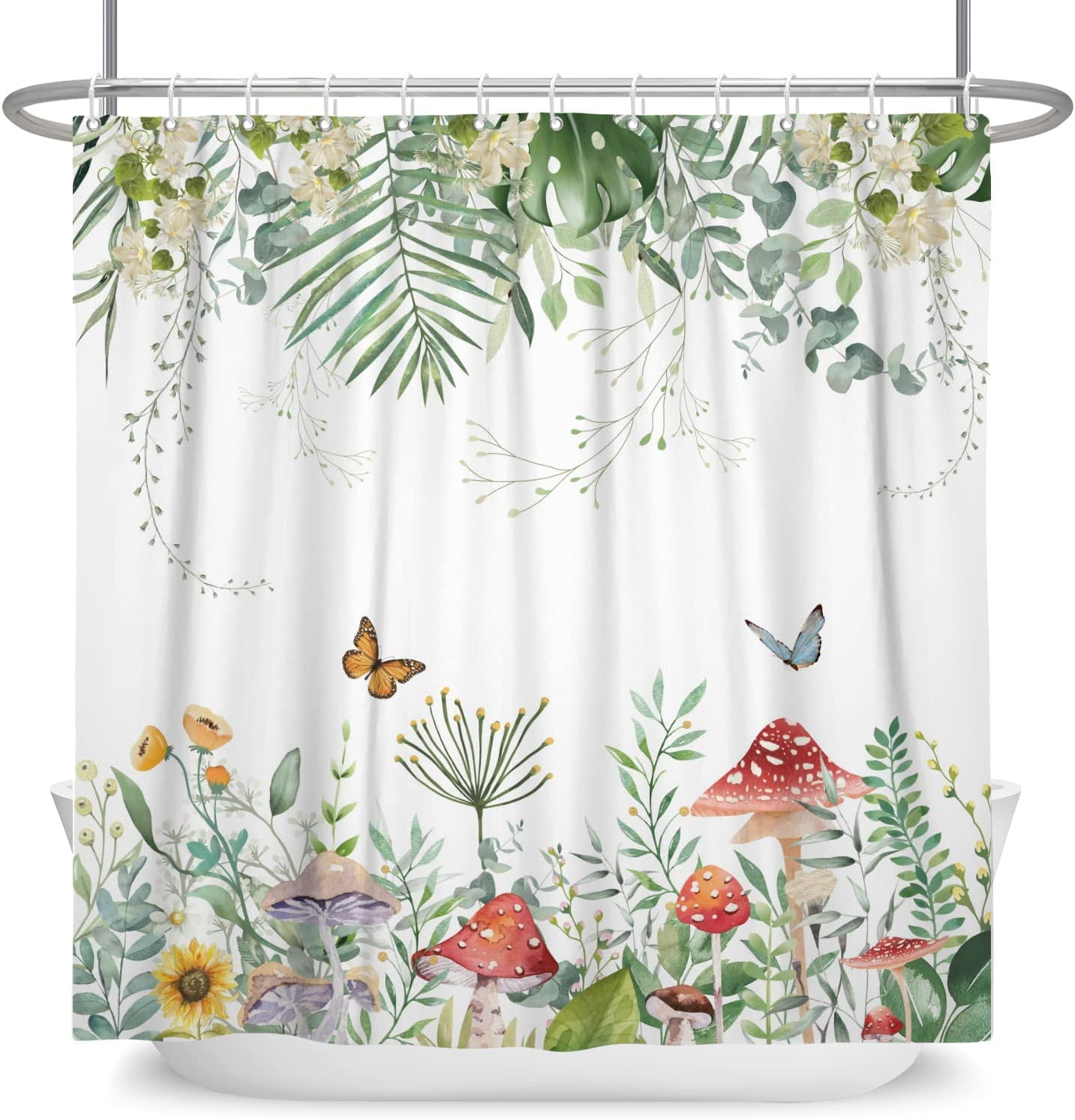 72x84 Inch Sage Green Plant Shower Curtain Eucalyptus Leaf Red Mushroom
