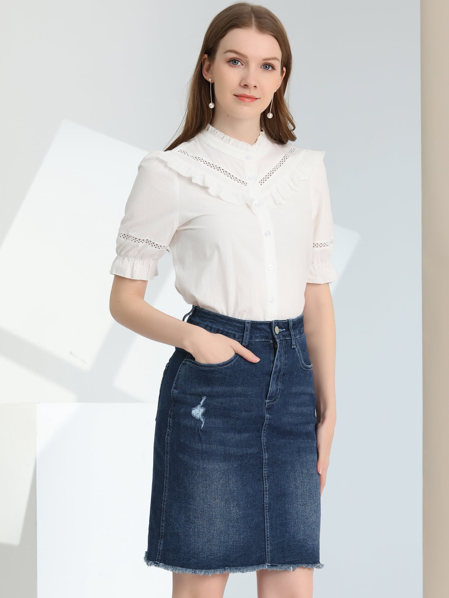 DARING DIVA Women's Ripped Hem Washed Jeans Denim Skirt XL Deep Blue